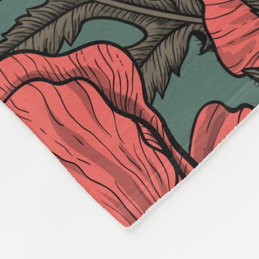 Papavertuin in koraal-, bruin- en pijngroen fleece deken (Hoek)