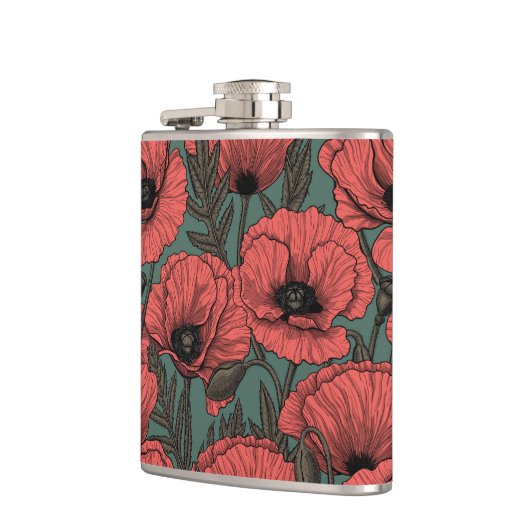 Papavertuin in koraal-, bruin- en pijngroen heupfles (Links)