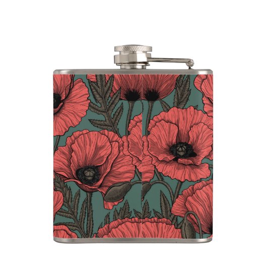 Papavertuin in koraal-, bruin- en pijngroen heupfles (Achterkant)