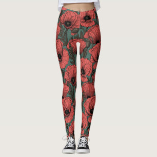 Papavertuin in koraal-, bruin- en pijngroen leggings