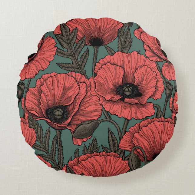 Papavertuin in koraal-, bruin- en pijngroen rond kussen (Voorkant)