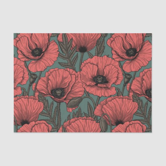 Papavertuin in koraal-, bruin- en pijngroen tissuepapier (Voorkant)