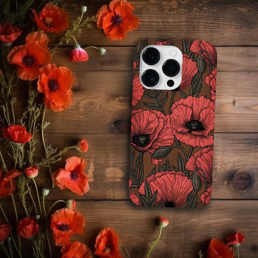 Papavertuin in koraal en bruin Case-Mate iPhone case