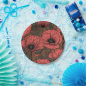 Papavertuin in koraal en bruin papieren bordje (Feest)