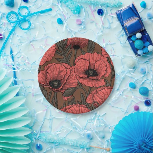 Papavertuin in koraal en bruin papieren bordje (Feest)