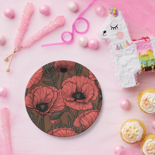 Papavertuin in koraal en bruin papieren bordje (Feest)