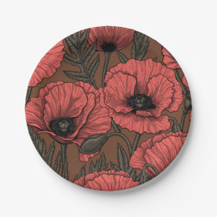 Papavertuin in koraal en bruin papieren bordje