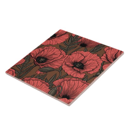 Papavertuin in koraal en bruin tegeltje (Zijkant)