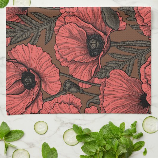 Papavertuin in koraal en bruin theedoek (Gevouwen)