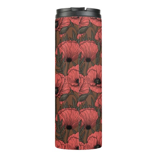 Papavertuin in koraal- en bruine thermische droogt thermosbeker (Achterkant)