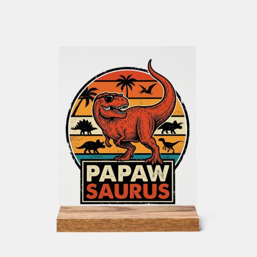 Papawsaurus Retro Dinosaur Zonsondergang Vector De Acryl Bord (Voorkant)