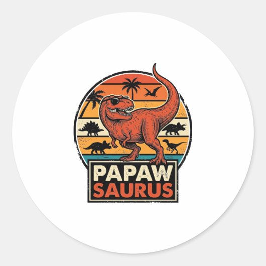 Papawsaurus Retro Dinosaur Zonsondergang Vector De Ronde Sticker (Voorkant)
