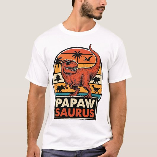 Papawsaurus Retro Dinosaur Zonsondergang Vector De T-shirt (Voorkant)