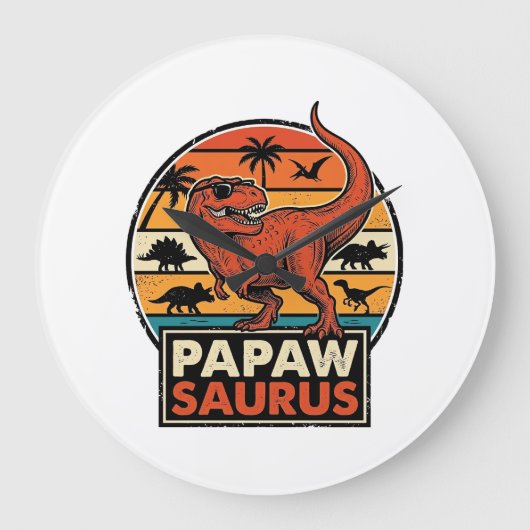Papawsaurus Retro Dinosaur Zonsondergang Vectoront Grote Klok (Voorkant)