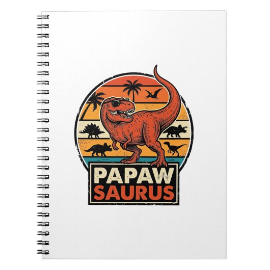 Papawsaurus Retro Dinosaur Zonsondergang Vectoront Notitieboek (Voorkant)