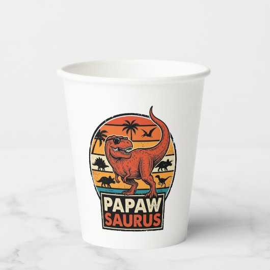 Papawsaurus Retro Dinosaur Zonsondergang Vectoront Papieren Bekers (Voorkant)