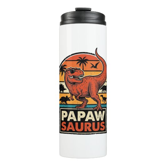 Papawsaurus Retro Dinosaur Zonsondergang Vectoront Thermosbeker (Voorkant)