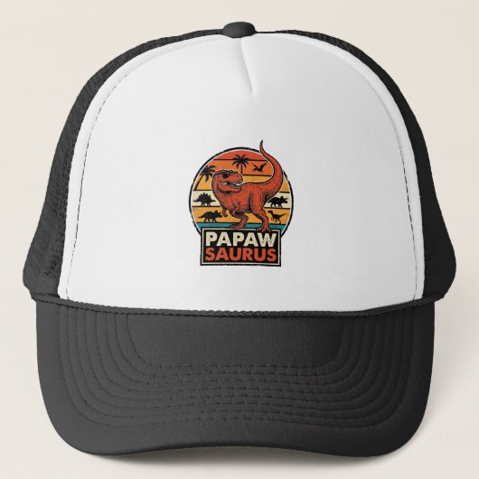 Papawsaurus Retro Dinosaur Zonsondergang Vectoront Trucker Pet (Voorkant)