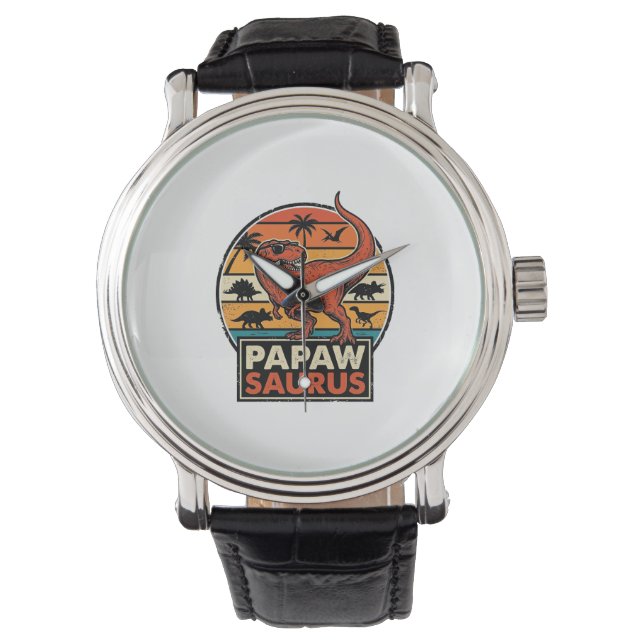 Papawsaurus Retro Dinosaurus Zonsondergang Vector  Horloge (Voorkant)