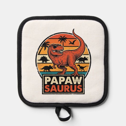 Papawsaurus Retro Dinosaurus Zonsondergang Vector Pannenlap (Voorkant)