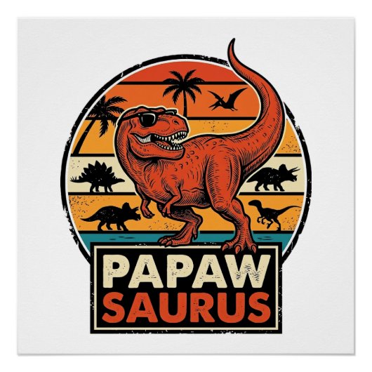 Papawsaurus Retro Dinosaurus Zonsondergang Vectoro Perfect Poster (Voorkant)