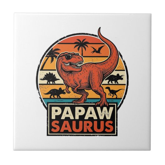 Papawsaurus Retro Dinosaurus Zonsondergang Vectoro Tegeltje (Voorkant)
