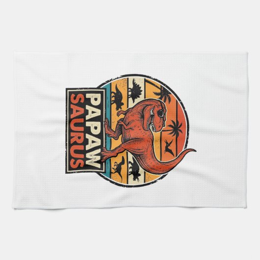 Papawsaurus Retro Dinosaurus Zonsondergang Vectoro Theedoek (Horizontaal)