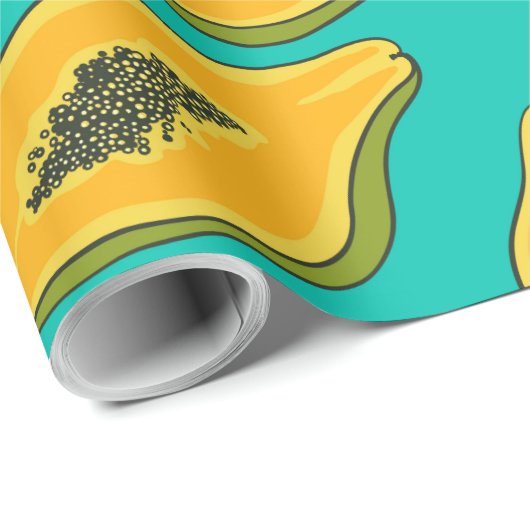 Papaya snijwonden op turquoise cadeaupapier (Rol Hoek)