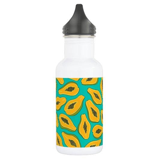 Papaya snijwonden op turquoise waterfles  (Links)