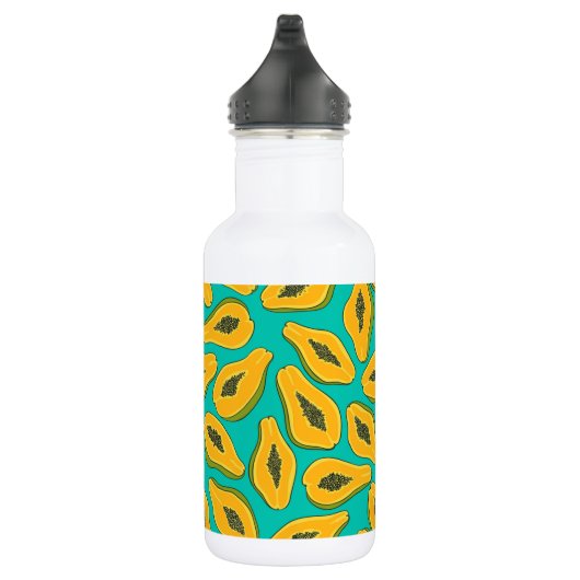 Papaya snijwonden op turquoise waterfles  (Rechts)