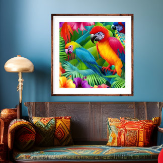 Papegaai 3 Vogels Tropische Bloemen palmen blauw p Poster