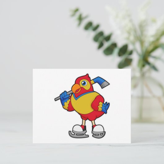 Papegaai bij ijshockey met ijshockeystick briefkaart (Staand voorkant)