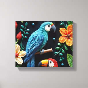 Papegaai en toekan in een bos met kralen canvas afdruk
