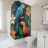 Papegaai en toekan in een bos met kralen douchegordijn (In situ)