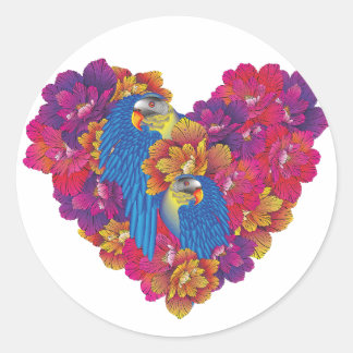 Papegaai Hart Bloemen Kleurrijk Ronde Sticker