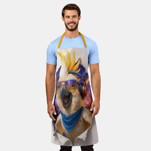Papegaai Kookschort – Kleurrijk en Muzikaal Design Schort (Gedragen)