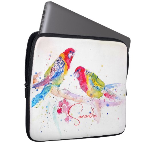 Papegaai kunst Aquarel Schilderij Rood Blauw Kleur Laptop Sleeve (Voorkant Rechts)