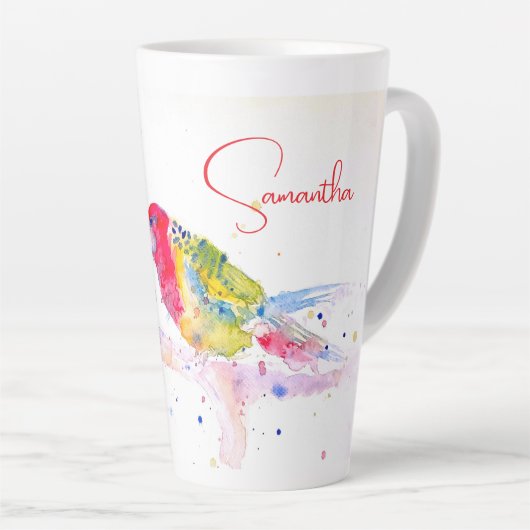 Papegaai kunst Aquarel Schilderij Rood Blauw Kleur Latte Mok (Rechterhoek)