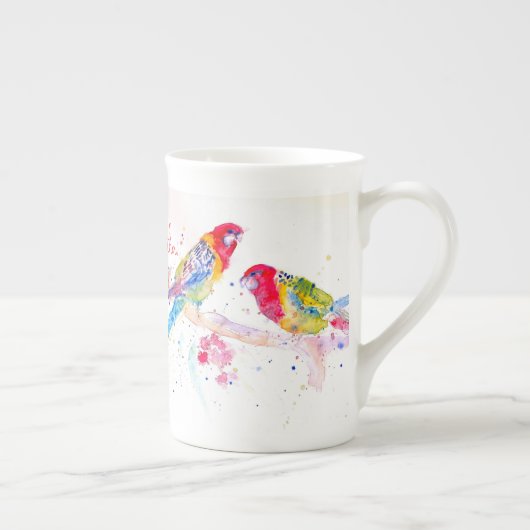 Papegaai kunst Aquarel Schilderij Rood Blauw Kleur Porselein Kop (Rechts)