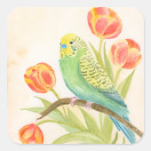 Papegaai met Tulpen Vierkante Sticker (Voorkant)