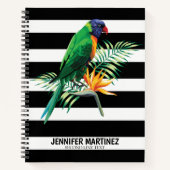 Papegaai op zwarte en witte strepen notitieboek (Voorkant)