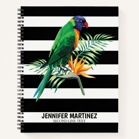 Papegaai op zwarte en witte strepen notitieboek (Voorkant)