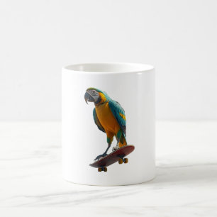 Papegaai rijden op een skateboard in een stedelijk koffiemok