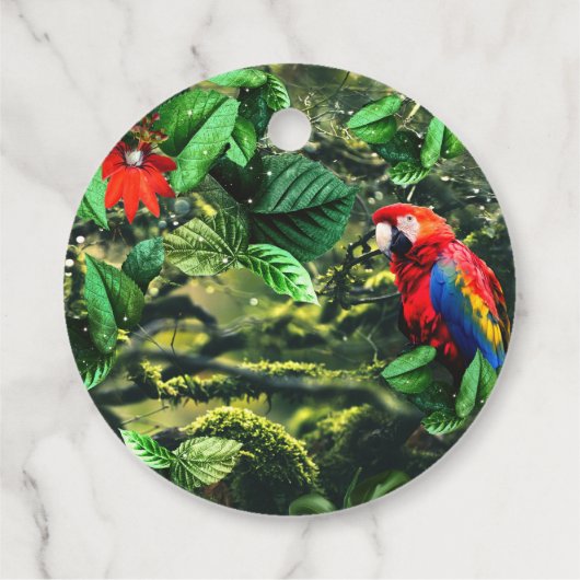 Papegaai scharlaken ara in oerwoud met bloemetjes bedankjes labels (Achterkant)