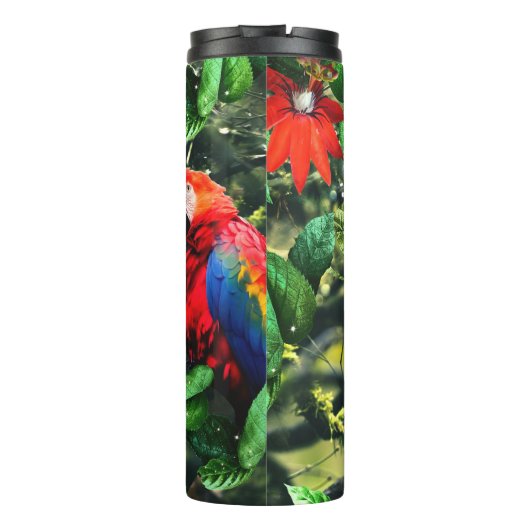Papegaai scharlaken ara in oerwoud met bloemetjes thermosbeker (Achterkant)