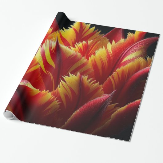 Papegaai Tulp Bloemen Rood en Geel Cadeaupapier (Uitgerold)