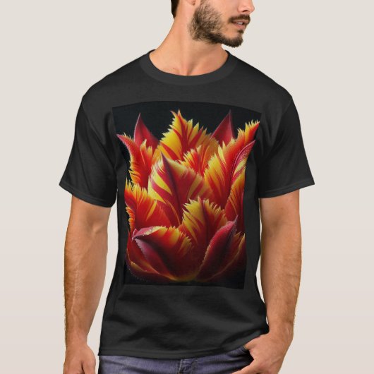 Papegaai Tulp Bloemen Rood en Geel T-shirt (Voorkant)