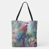 Papegaai Vogel Oerwoud Bloemen Impressionisme Schi Tote Bag (Achterkant)