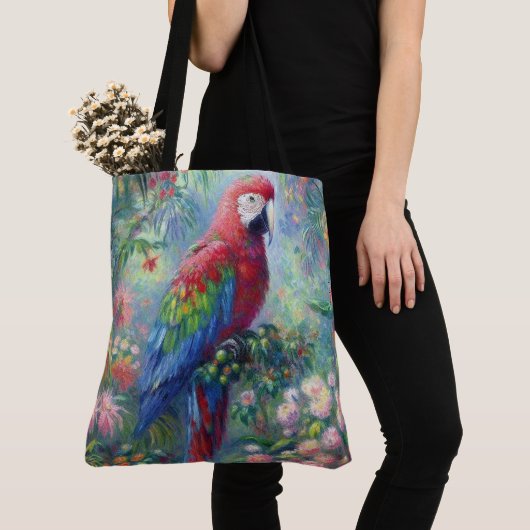 Papegaai Vogel Oerwoud Bloemen Impressionisme Schi Tote Bag (Dichtbij)