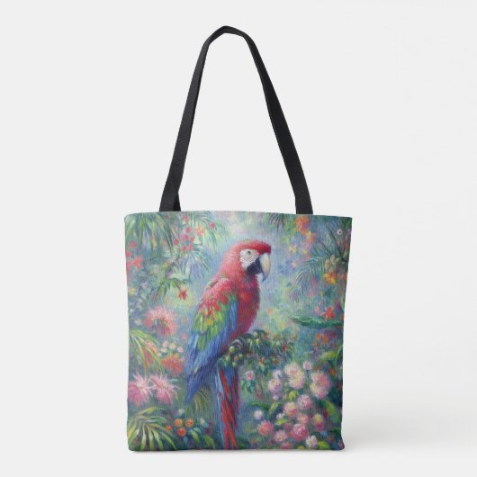 Papegaai Vogel Oerwoud Bloemen Impressionisme Schi Tote Bag (Achterkant)